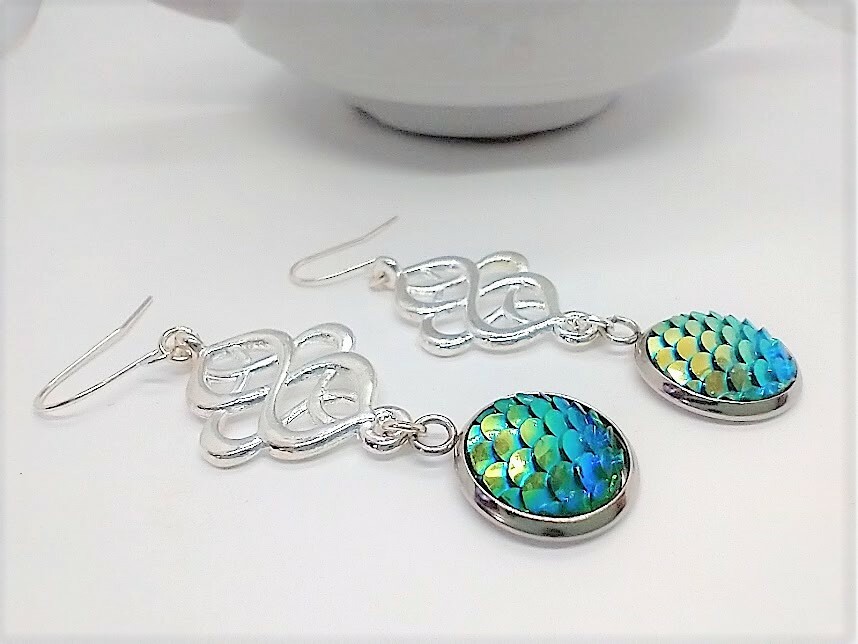Blue/Green Mermaid Scale Silver Earrings, Beach Earrings