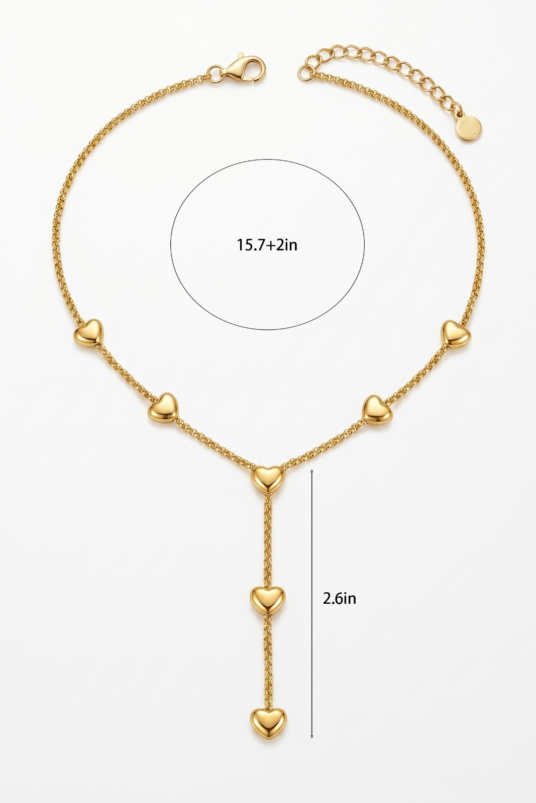 Stainless Steel 18K Gold Plated Station Puffed Heart Y Lariat Drop Necklace