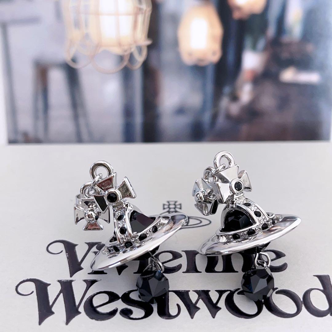 Vivienne Westwood Earrings Pierced Crystal Silver Black NO BOX [EJ361