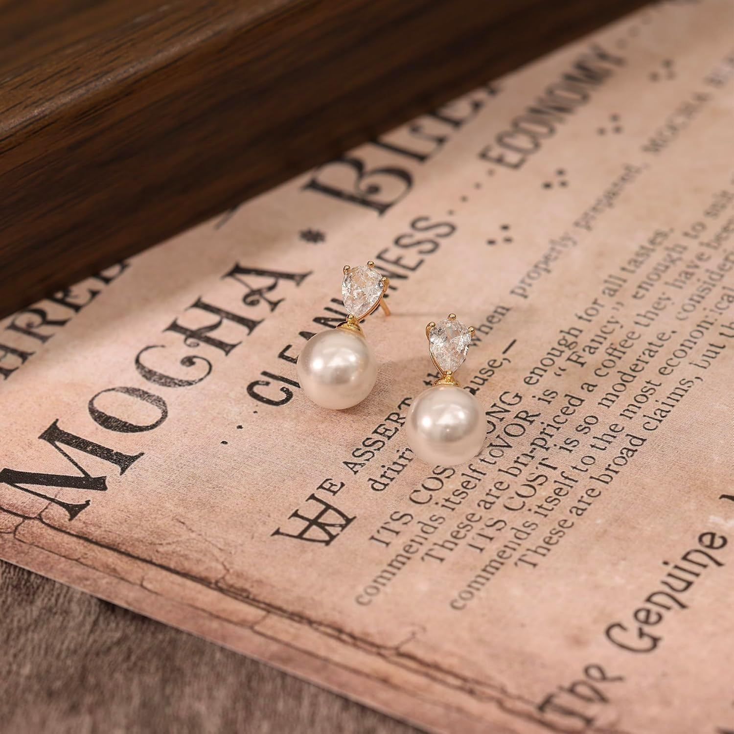 Pearl Earrings for Women, Dainty Wedding Bridal Earrings 14K Gold Plated CZ Pear
