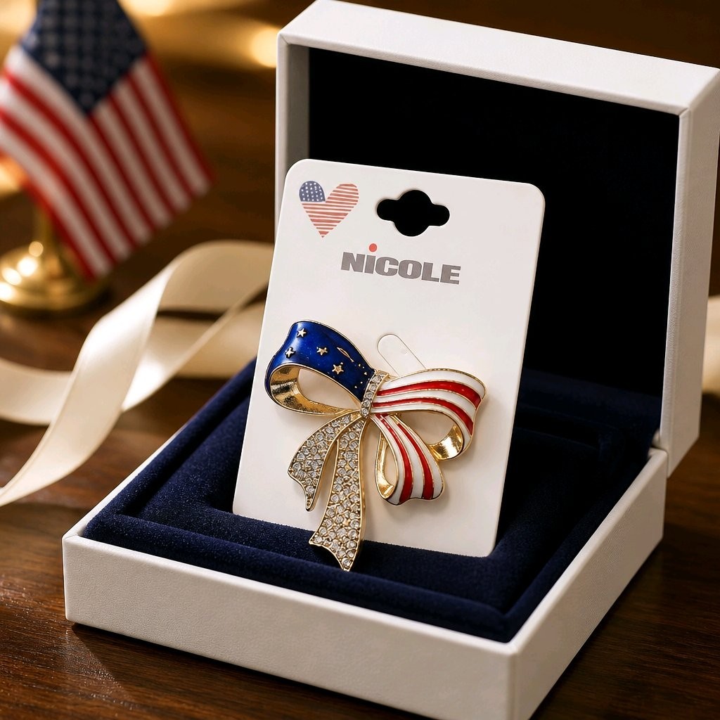 Patriotic USA Flag Bow Brooch Pin Rhinestone Enamel Fourth of July Election Gift