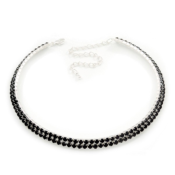 2 Row Montana Blue Crystal Choker Necklace in Silver Tone 38cm L/ 10cm Ext