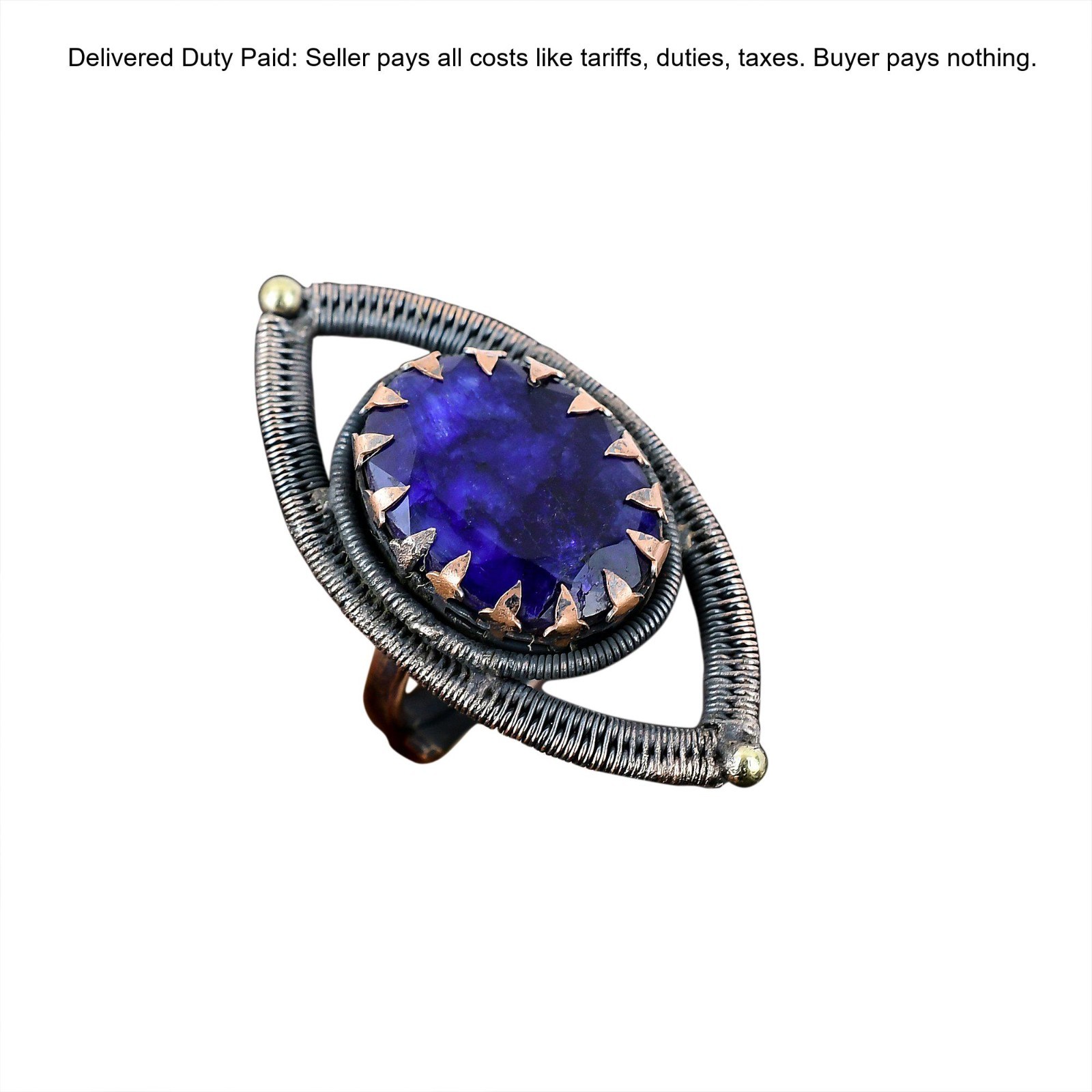 Oval Blue Saphire Stone Copper Statement Wedding Wire Wrapped Promise Wife Ring
