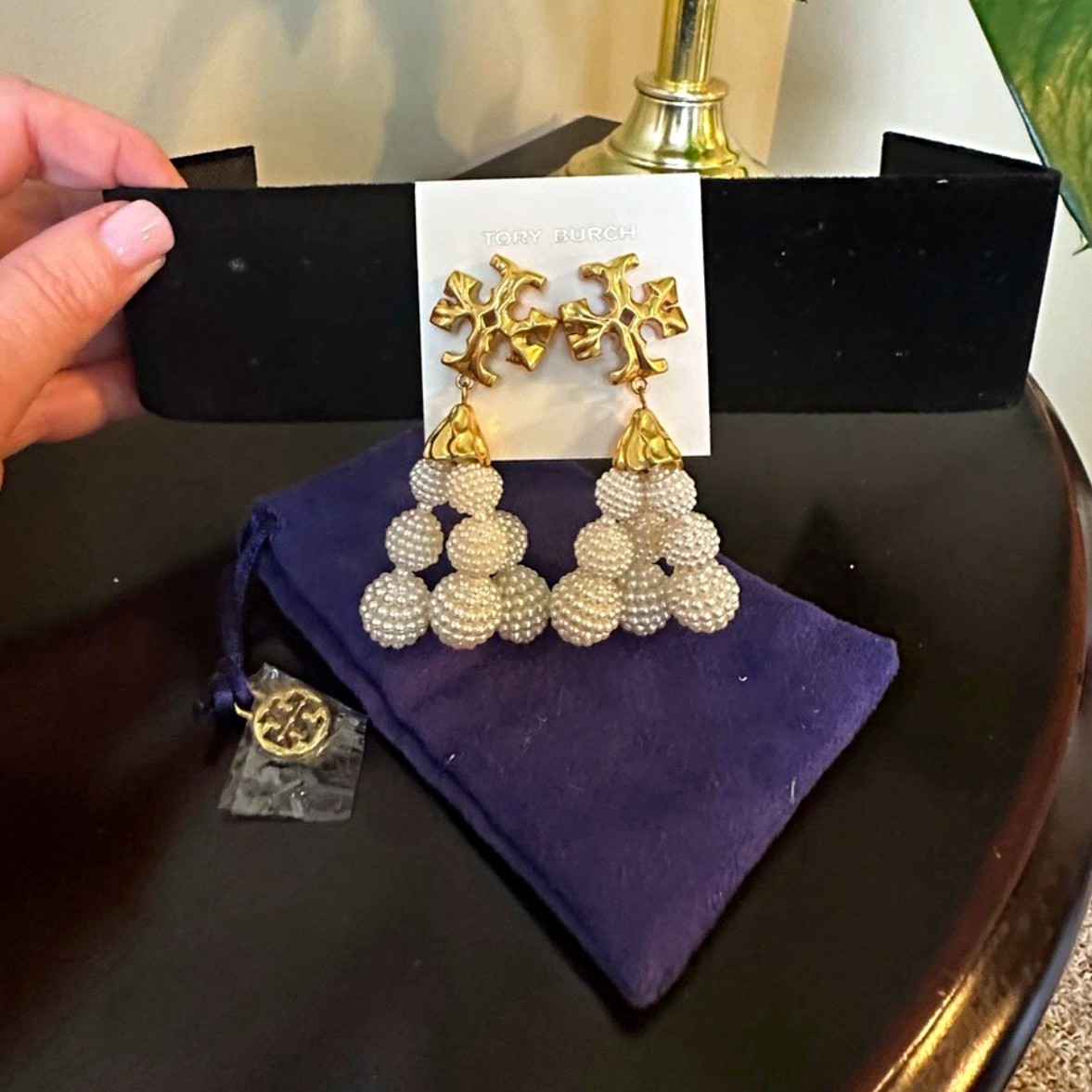 Tory Burch Gold Tone & White Pearl Cluster Drop Earrings