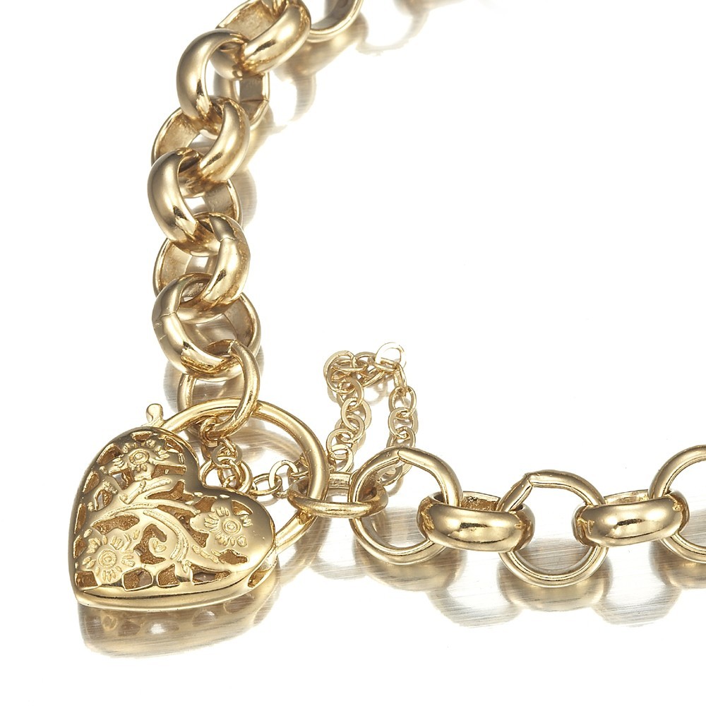 18K GL Solid Thick Chunky Belcher Gold Bracelet with Filigree Heart Padlock
