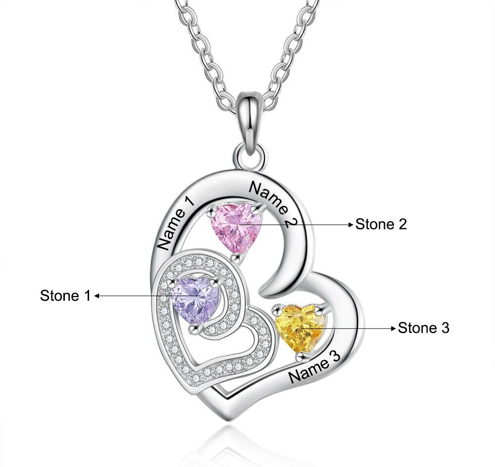 Personalized Engraved Double Heart Pendant Necklace 3 Names + 3 Birthstones
