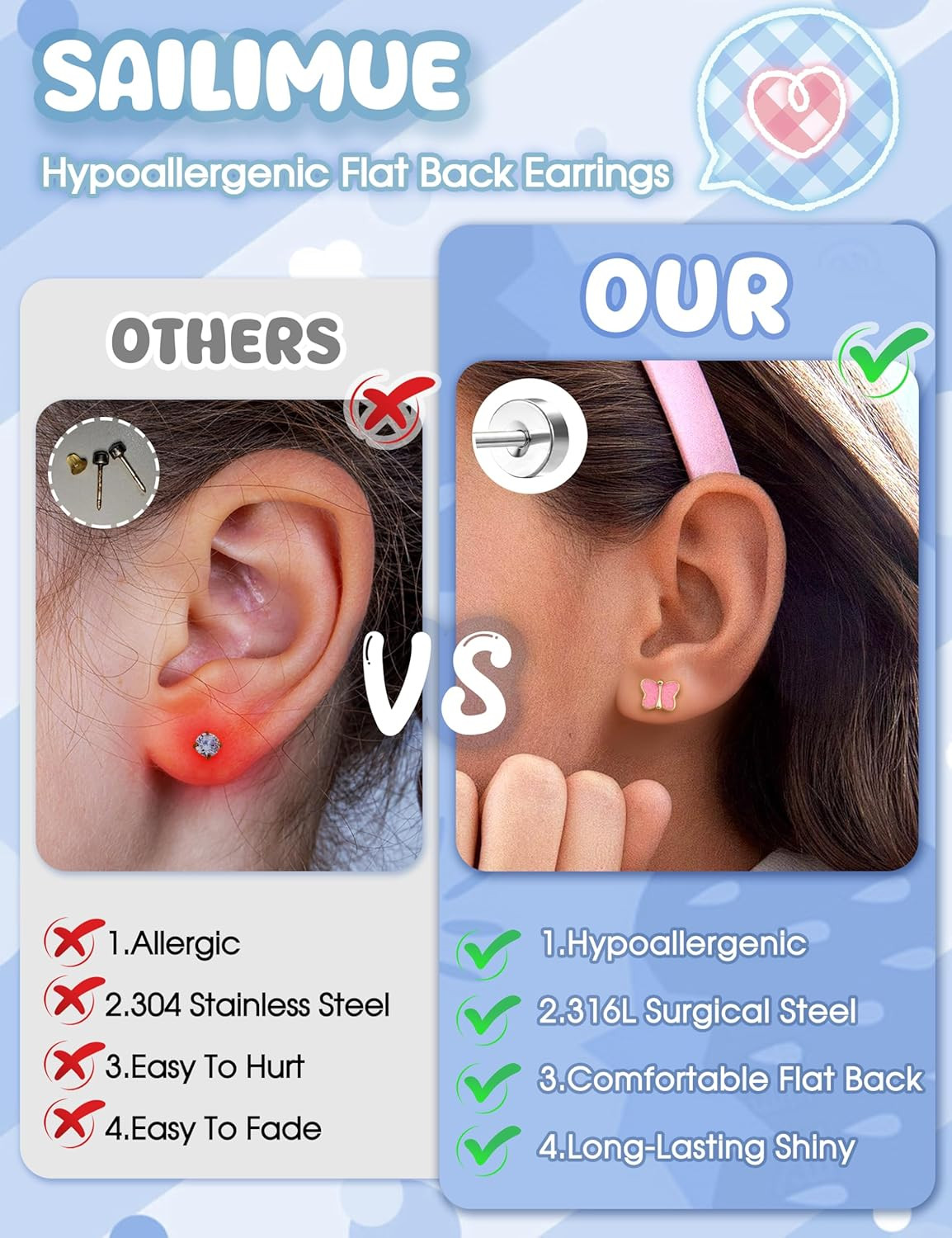 Hypoallergenic Flat Back Earrings Girls Surgical Steel Butterfly Flower Studs