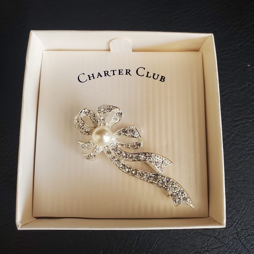 Charter Club Brooch Silver Tone with Faux Pearl and Crystal Accents New in Box