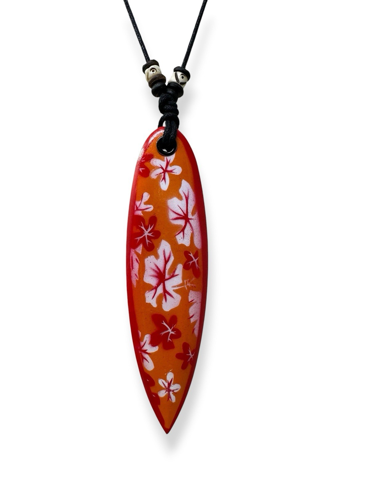 Orange Surfboard Necklace Hawaiian Flower Wood Pendant Beach Jewelry