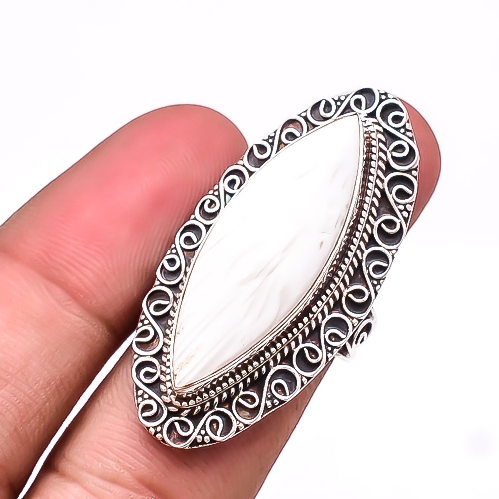 White Scolecite – India Gemstone 925 Sterling Silver Bali Ring S.8.5 R18