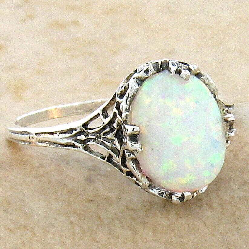 925 STERLING SILVER VICTORIAN STYLE LAB-CREATED OPAL FILIGREE RING 486X