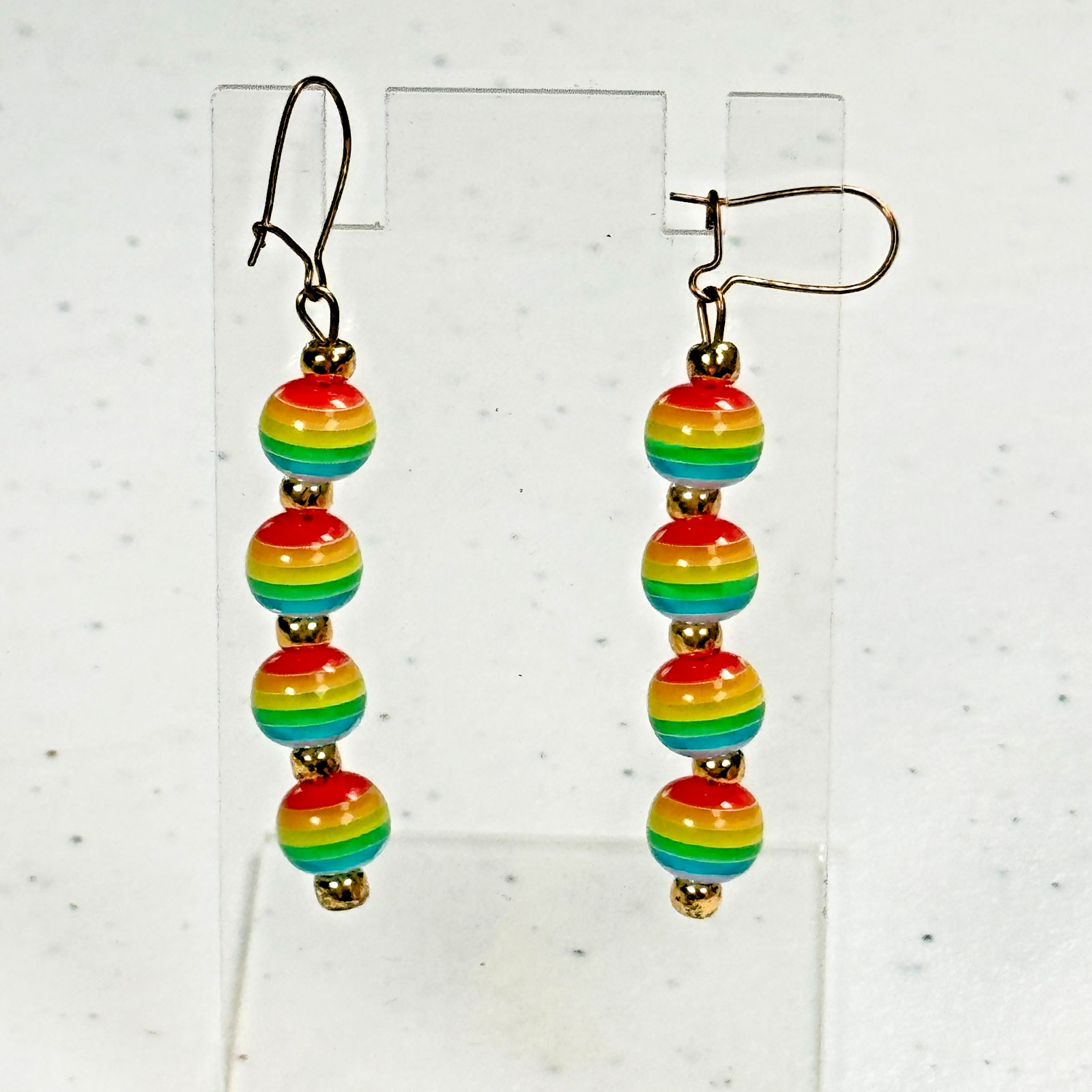 Vintage Pierced Earrings Rainbow Stripe Beaded Dangle Colorful Lucite Mod Retro