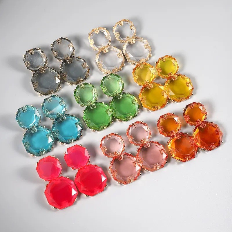 Clear Transparent Earrings Zara Candy Green Geometric Boho Gold Stud CZ