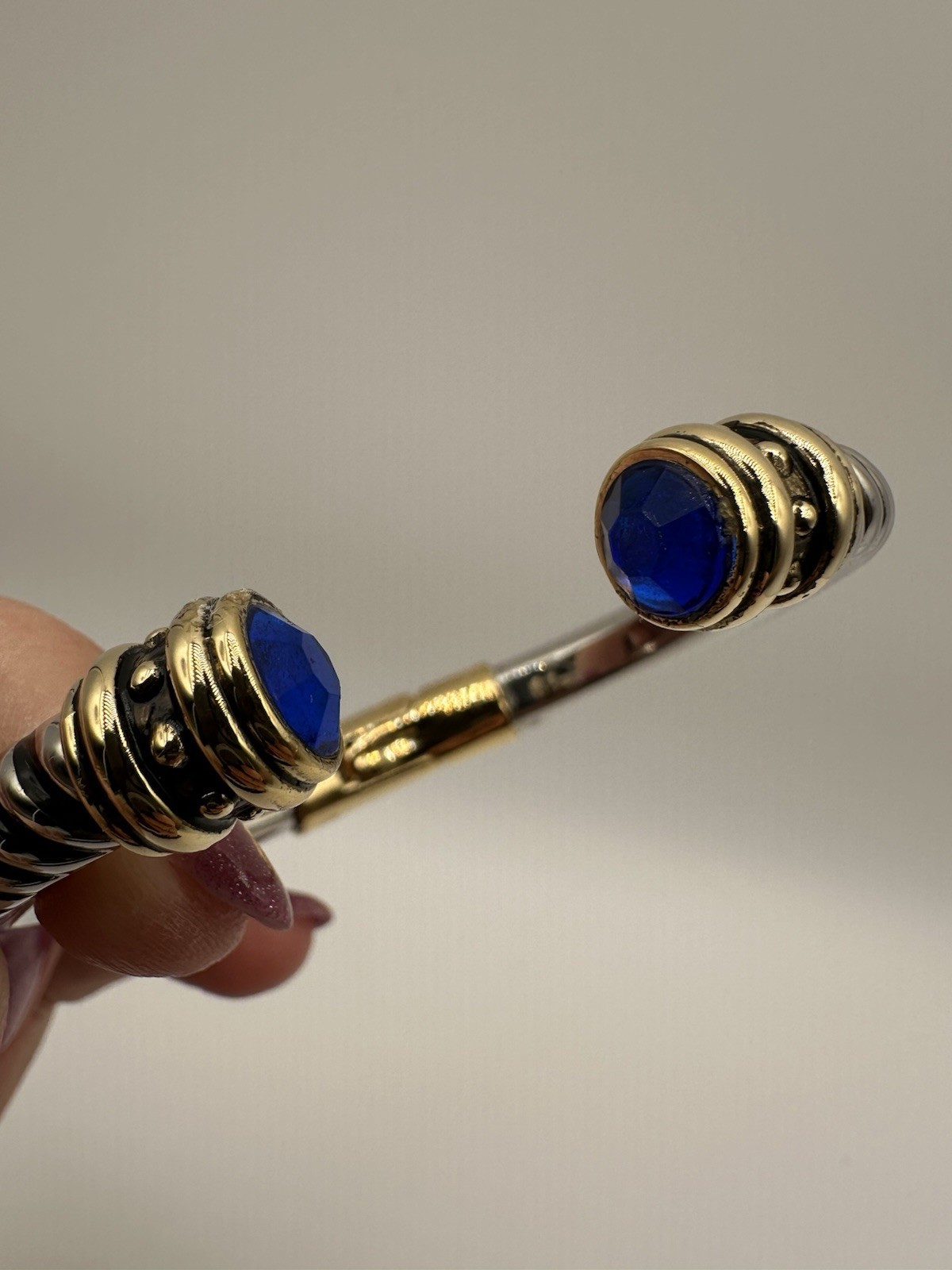 Two Tone Twisted Cable Cuff Bracelet Blue Round Bezel
