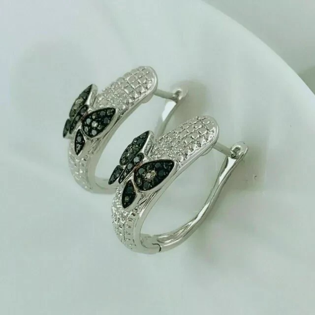 Clip On Hoop Earring 14k White Gold Plated In Round Cut Simulated Black Diamond