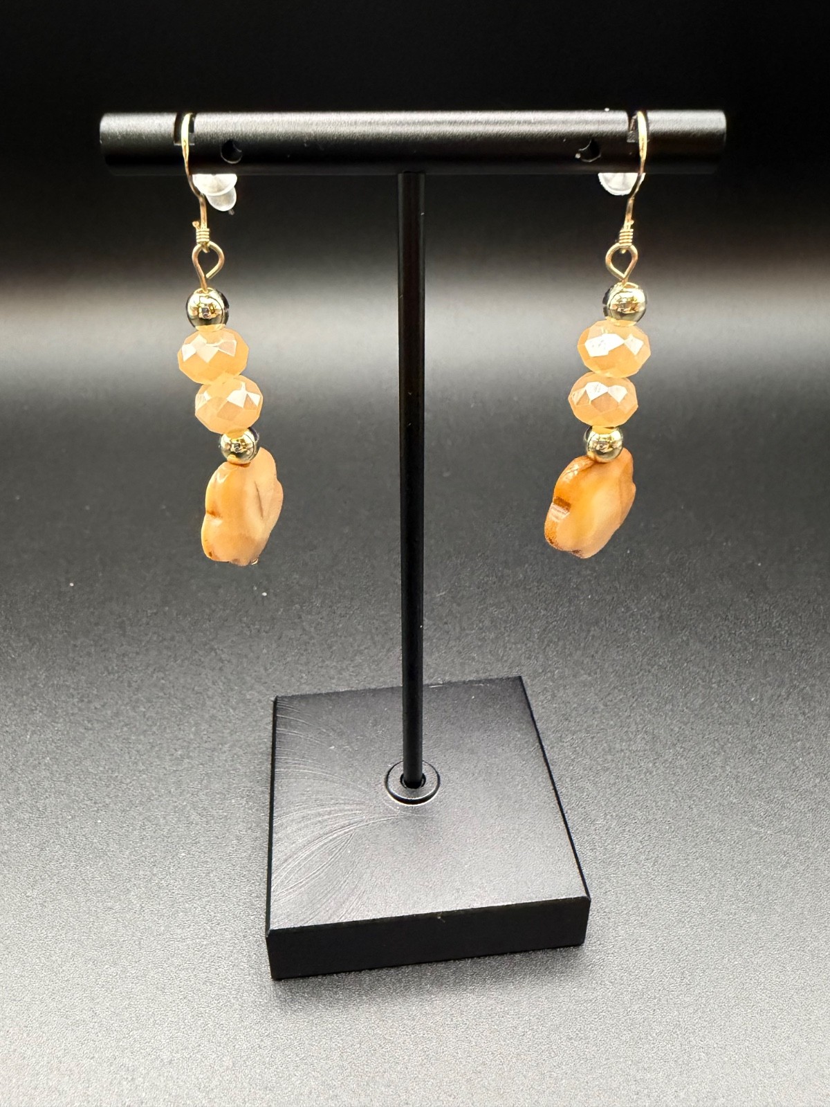Peach Crystal & Carved Shell Flower, Gold-Filled Dangle Earrings