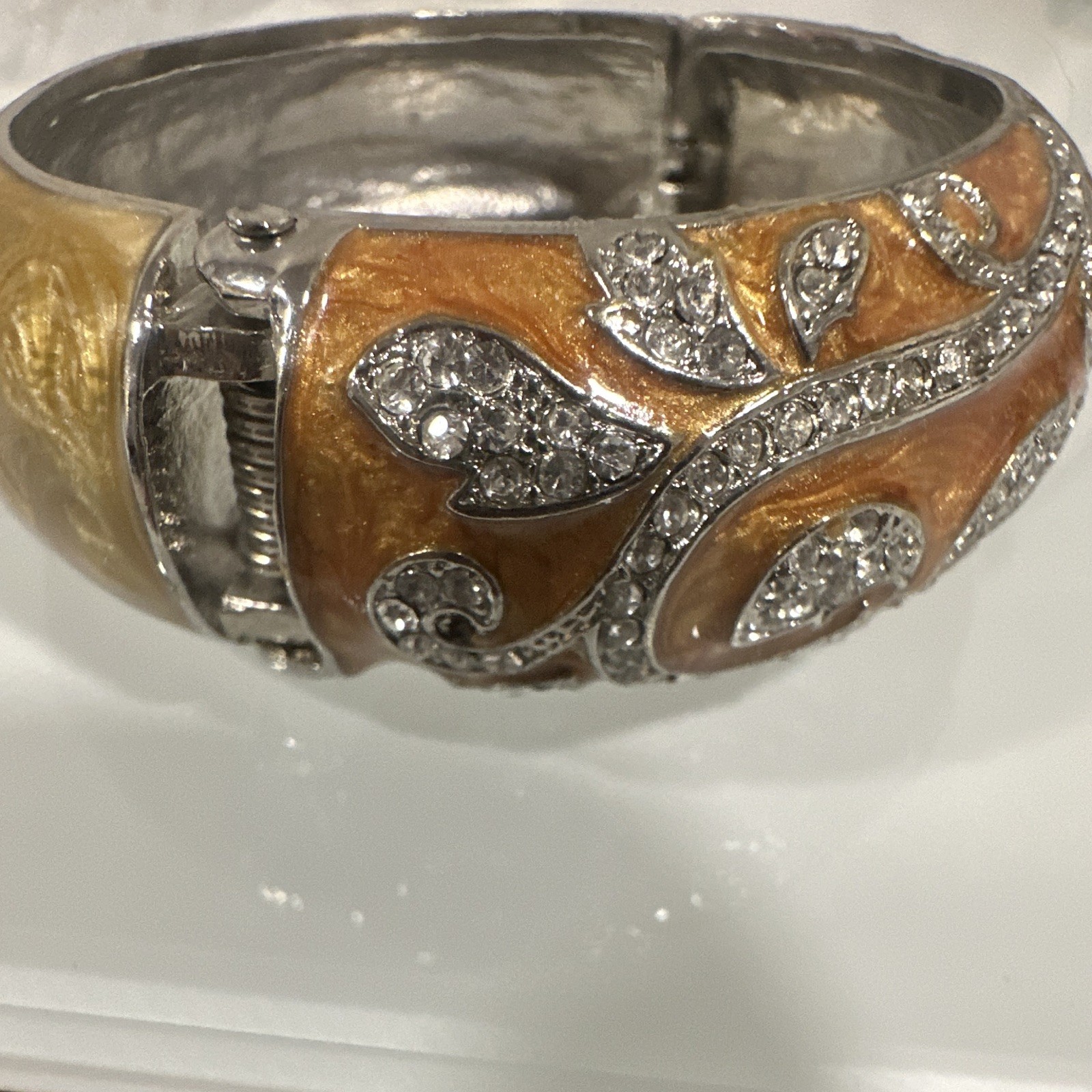 Kirks Folly Signed Hinged Enamel Bangle Bracelet Crystal Gold Orange Silver