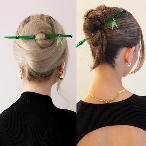 2Pcs Green Bamboo Leaf Hair Stick Pin Resin Chinese Hair Sticks for Buns