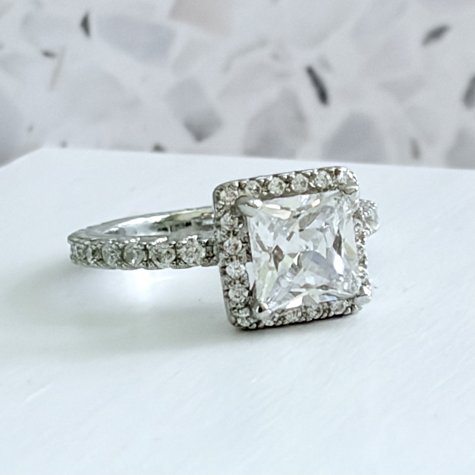 2.5 CT Princess Cut 14k White Gold 925 Sterling Halo Pave Set Women’s Ring