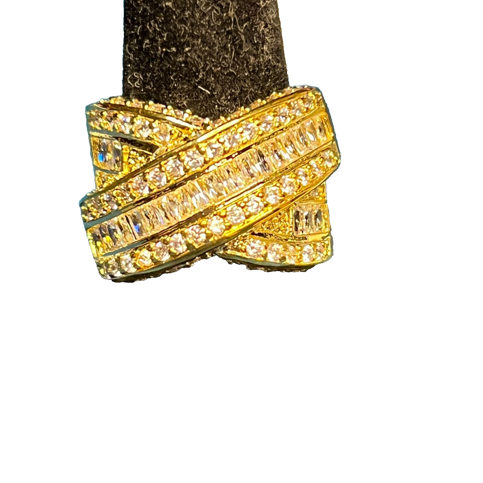 Palm Beach jewelry 3.64 TCW Baguette Cut CZ Gold Plated Crossover Ring Sz 8.5 NE
