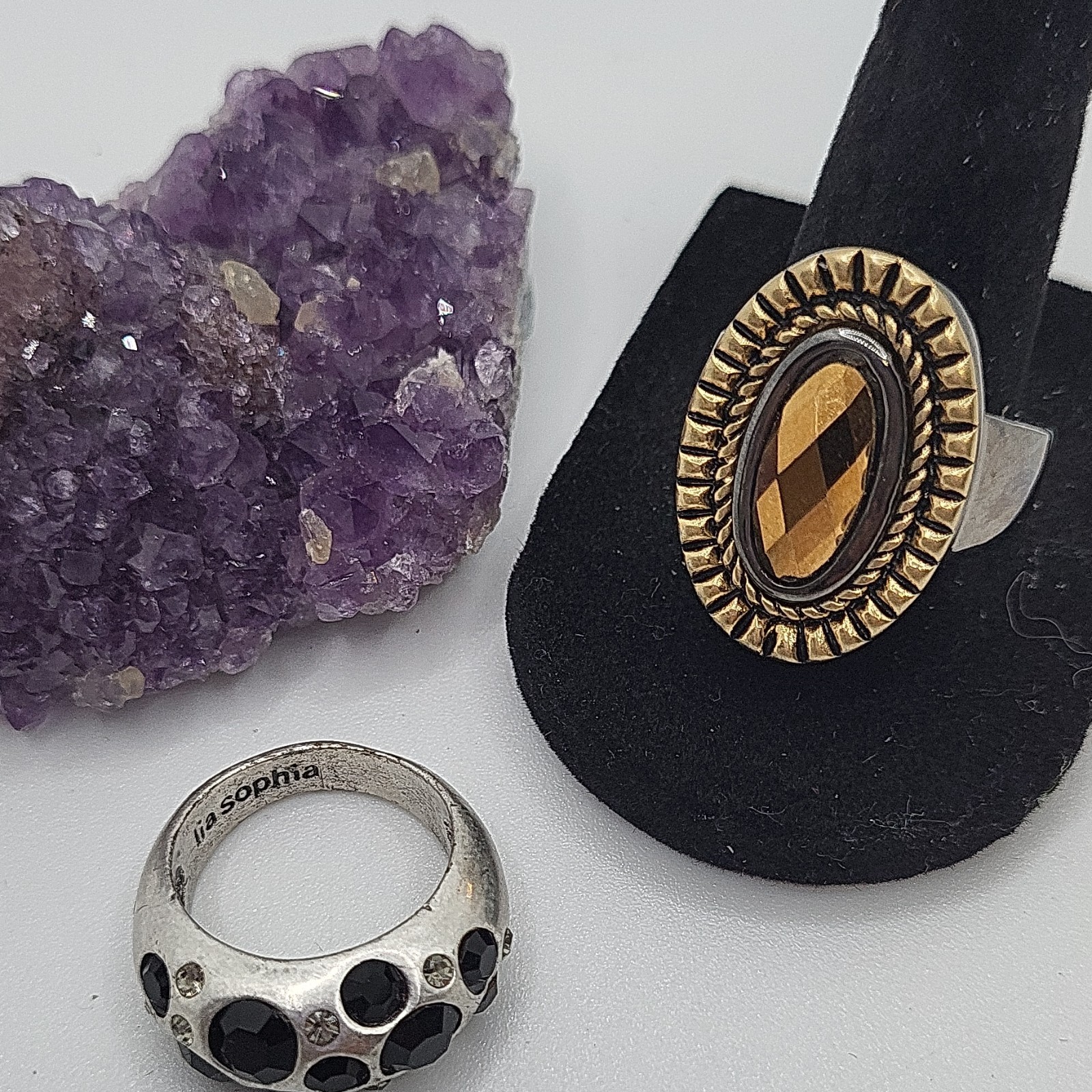 Lia Sophia Lot of 2 Cocktail Rings Silver/Gold Tone Stone Sizes 8.75 and 7.75
