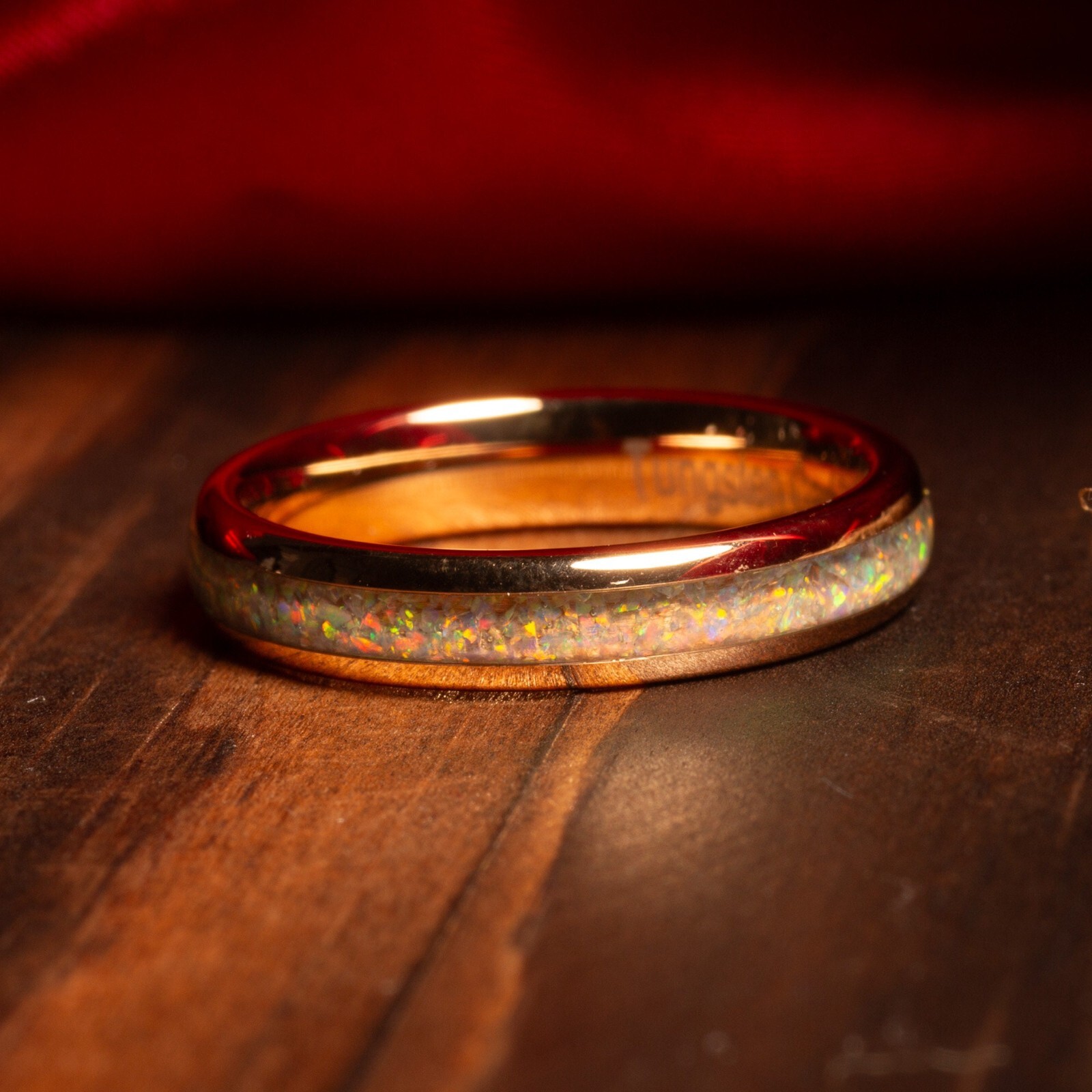 Fire Opal Couples Ring Set, Rose Gold Match His and Hers Tungsten Wedding Bands