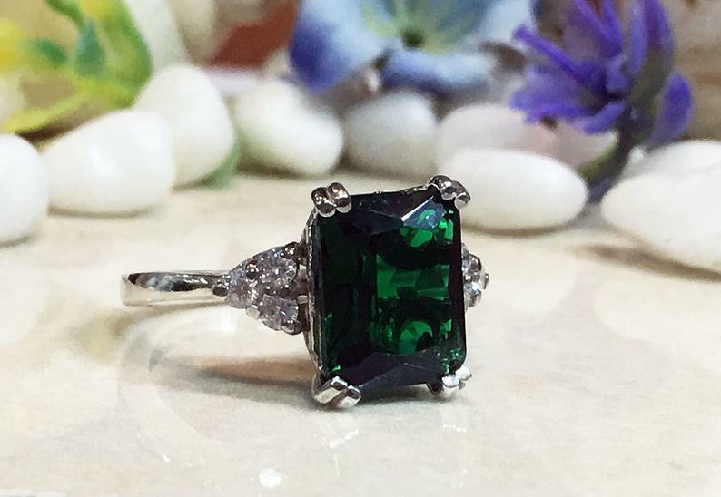925 Sterling Silve Emerald Gemstone Band Ring May Birthstone,Statement Ring