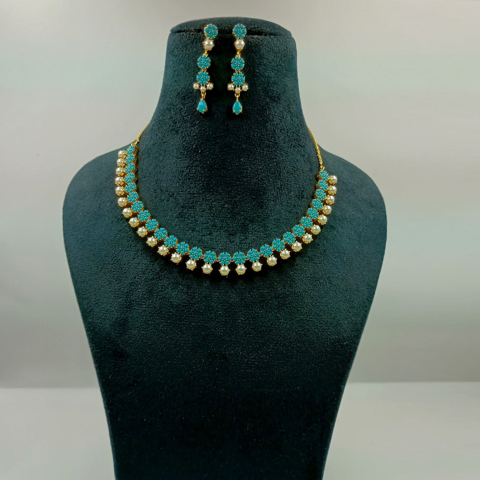 South Indian Bridal Turquoise Pearl Choker Necklace 22k Gold Plated Set