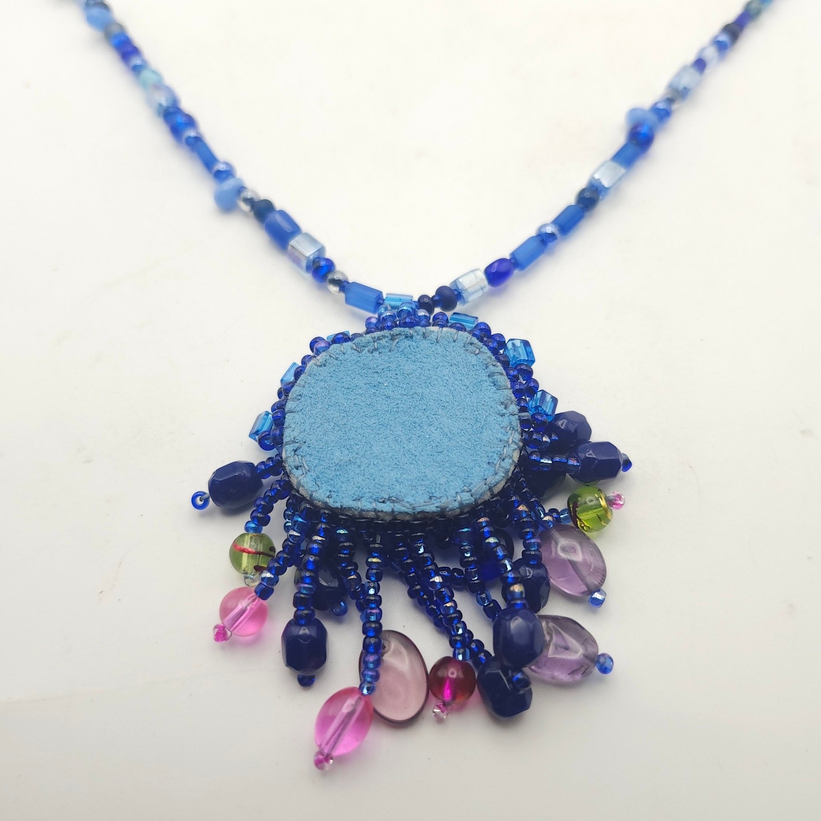 Blue Beaded Necklace Iridescent Fringe Pendant Boho Statement Wearable Art Piece