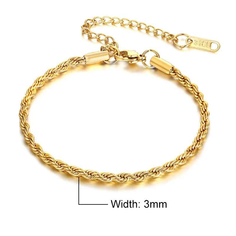 Unisex Rope Chain Bracelets for Men Women, Stainless Steel Twisted Links Chain