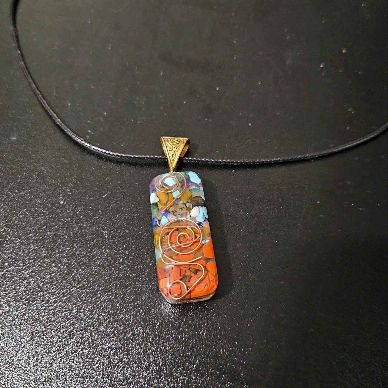 Multicolor Resin & Stone Rectangle Charm Pendant Necklace, Adjustable Cord
