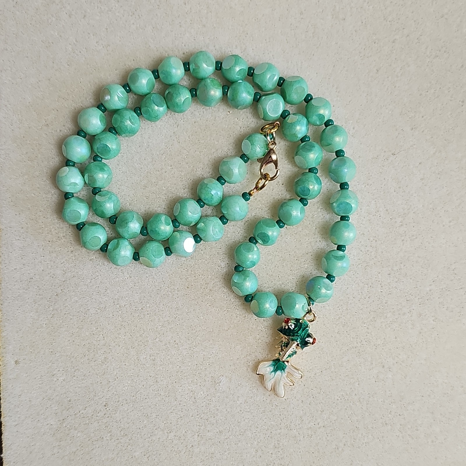 Handcrafted Green Glass Necklace W Enamel Koi Goldfish Charm Lobster Clasp