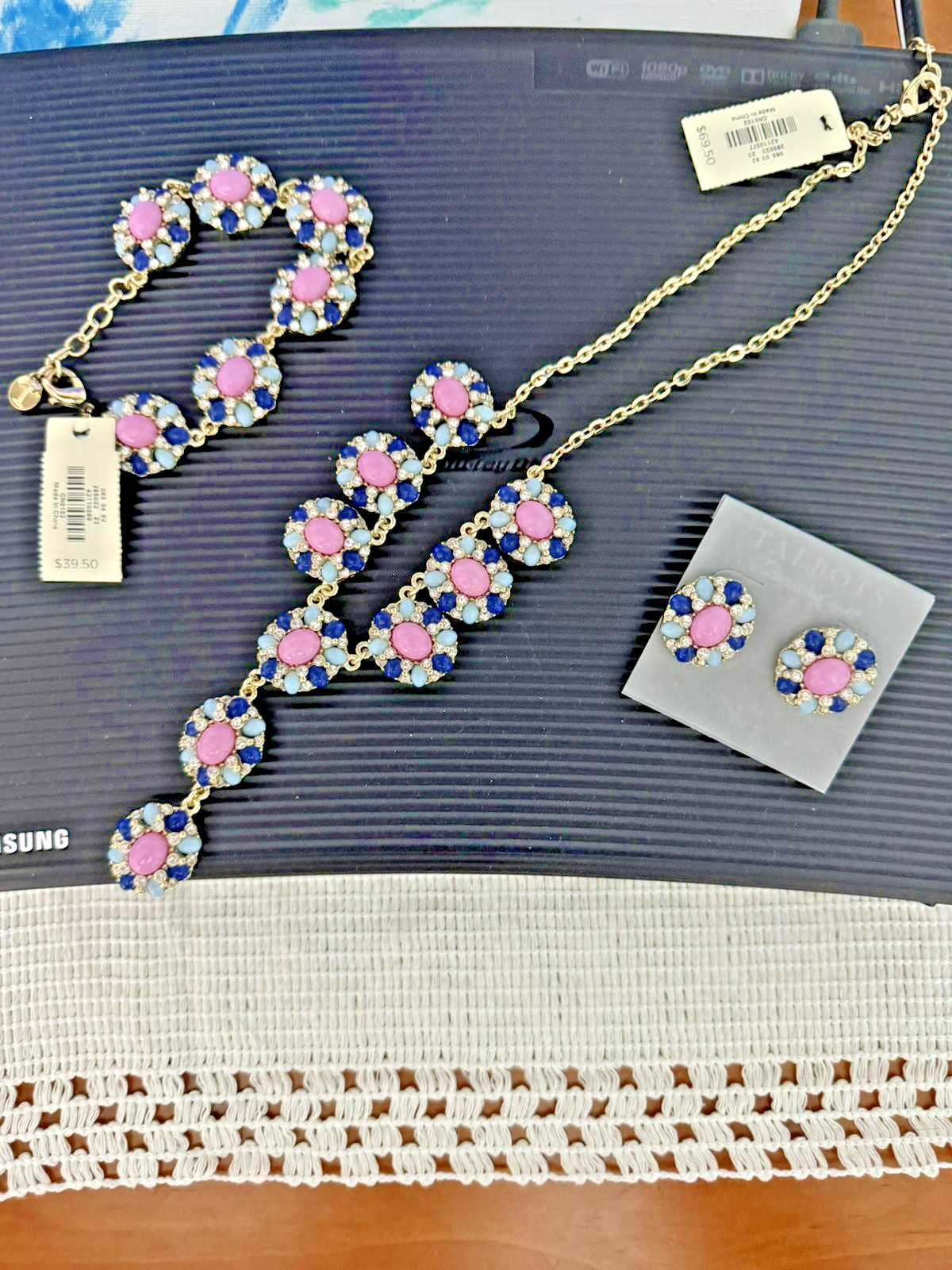 TALBOTS NWT Gold Tone Blue/Pink/Cubic Jewelry Set
