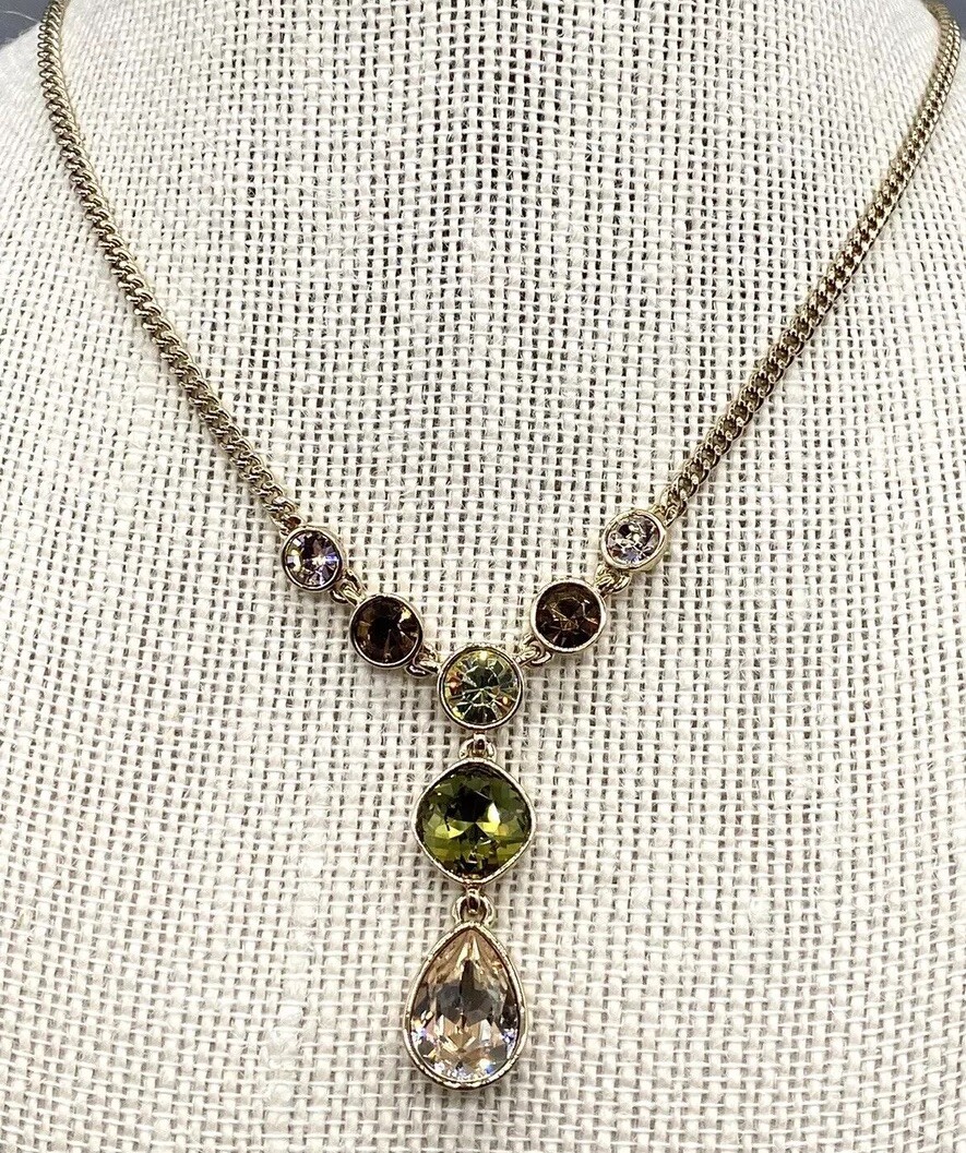 GIVENCHY Gold Tone Yellow Green Brown Multicolor Crystal Lariat Y-Drop Necklace