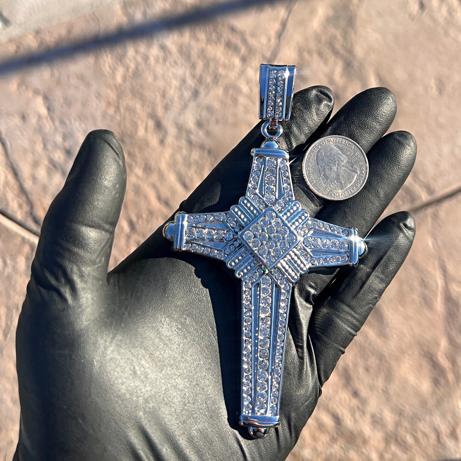 Men’s Latin Cross Hip Hop Pendant for Necklace Silver Tone Iced Bling Out CZ 5″