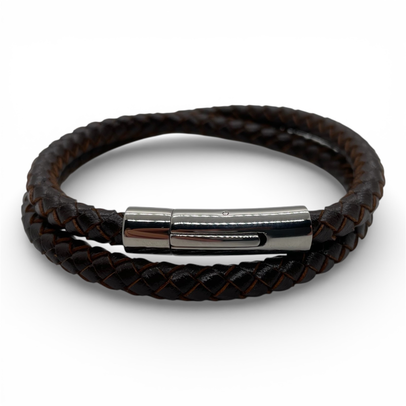 Premium Made Double Row Genuine Leather Braided Bracelet Push-Button Clasp 16 in
