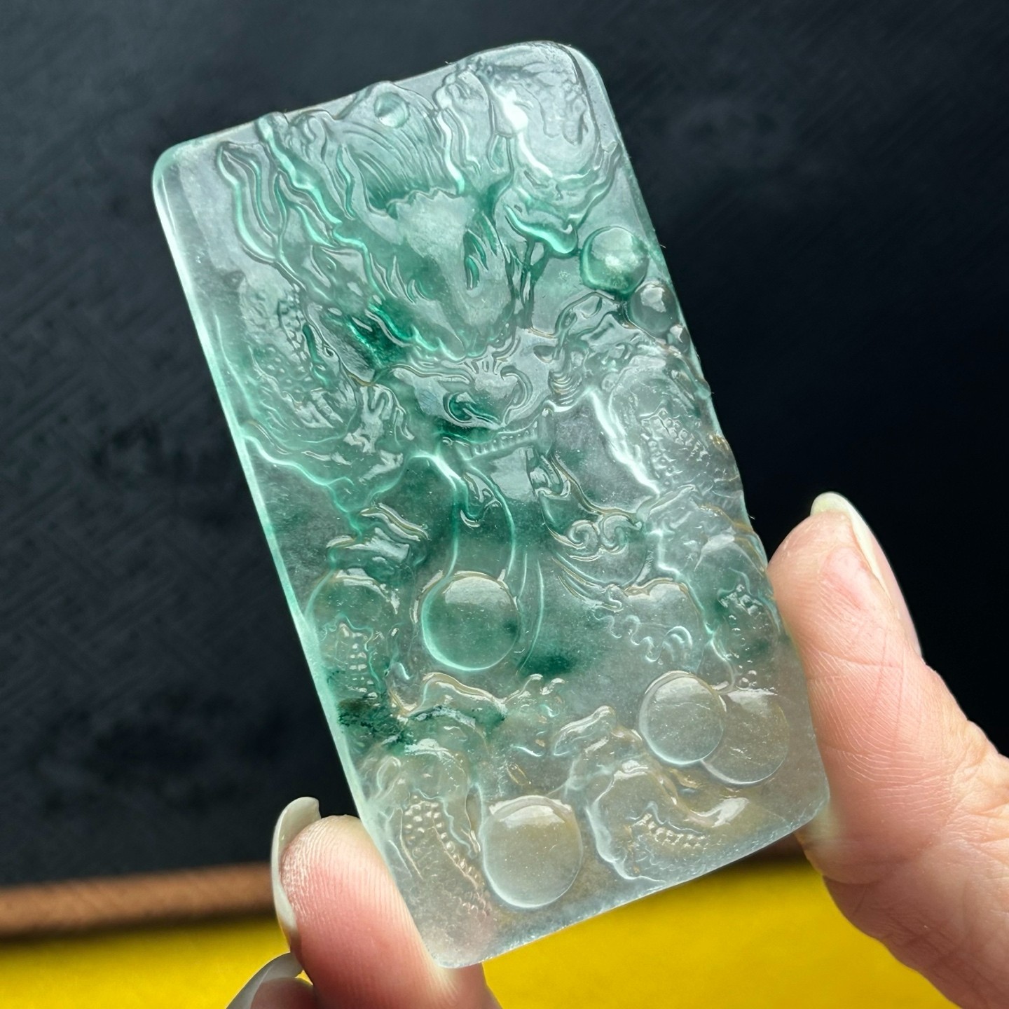 Nature ice green&white Burmese jade Jadeite carved dragon lucky Pendant&Necklace