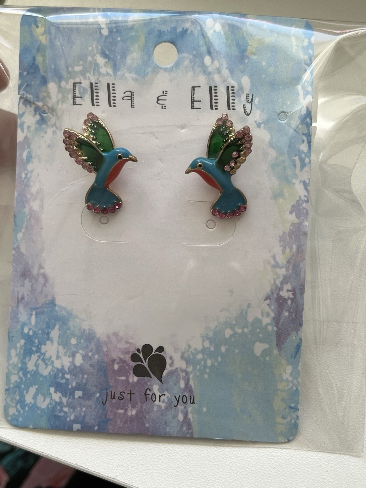 NEW Ella & Elly Pink Crystal Green Enamel Humming Bird Stud Earrings