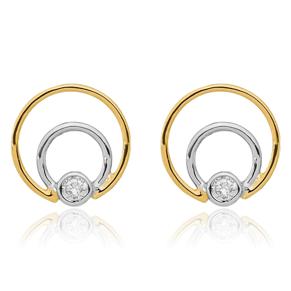 14K Solid Two Tone Gold Cubic Zirconia Large Stud Earrings 10mm 3/8 inch Round