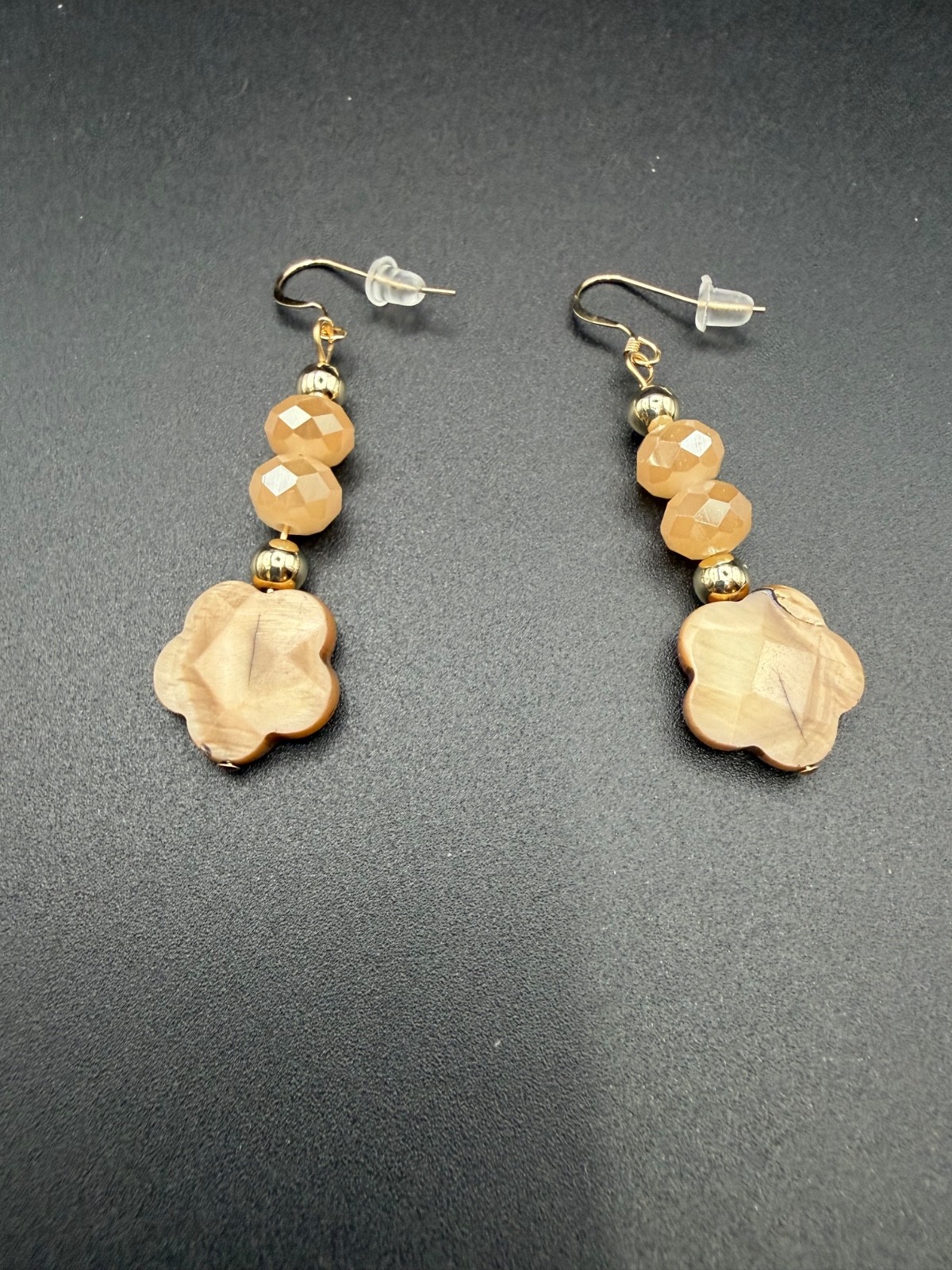 Peach Crystal & Carved Shell Flower, Gold-Filled Dangle Earrings