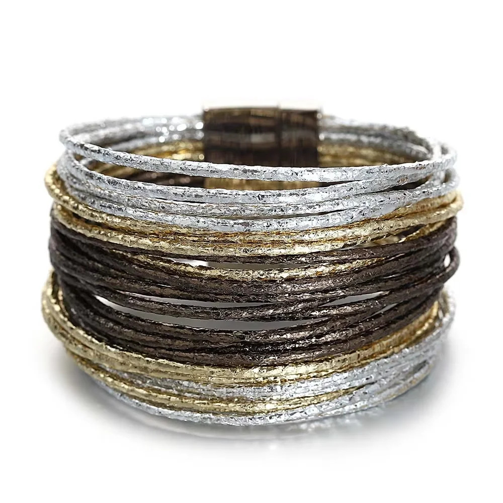 Triple Color Leather Wrap Bracelet Multilayer Slim Glitter Rope Chain Women