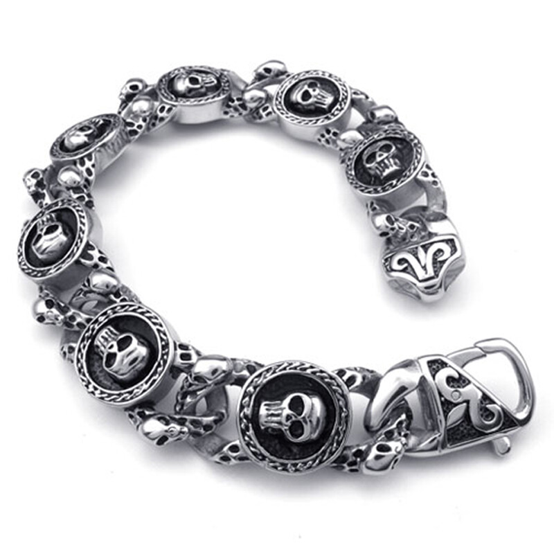 Stainless Steel Silver Black Skull Link Chain Gothic Men Bracelet 8.66″ 15.5mm
