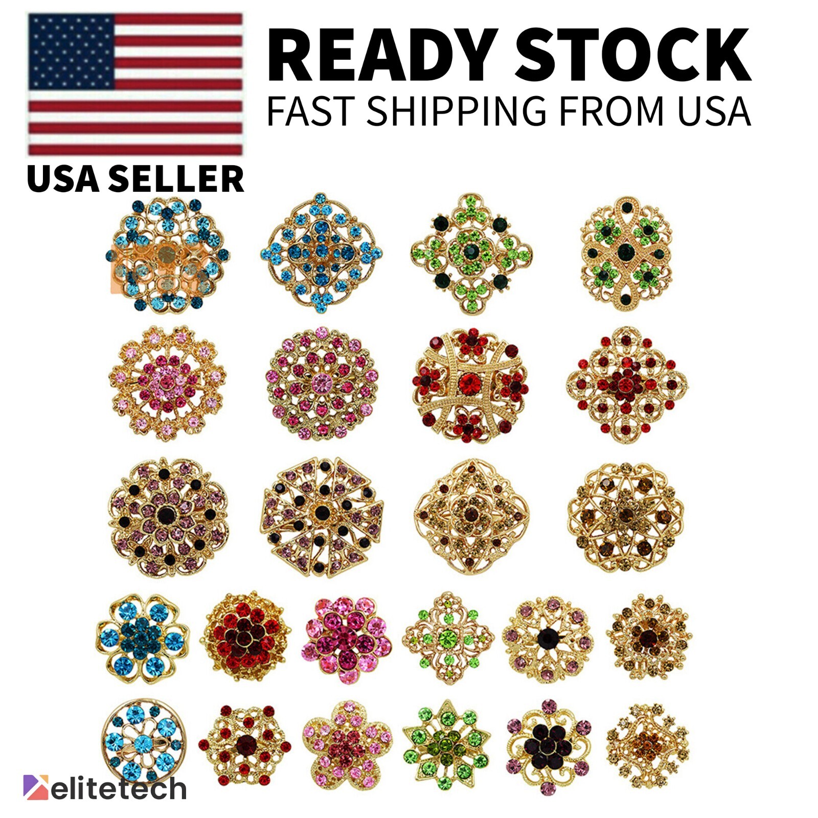 24pc Vintage Brooch Lot Mixed Alloy Rhinestone Crystal Pins Wedding Bouquet DIY