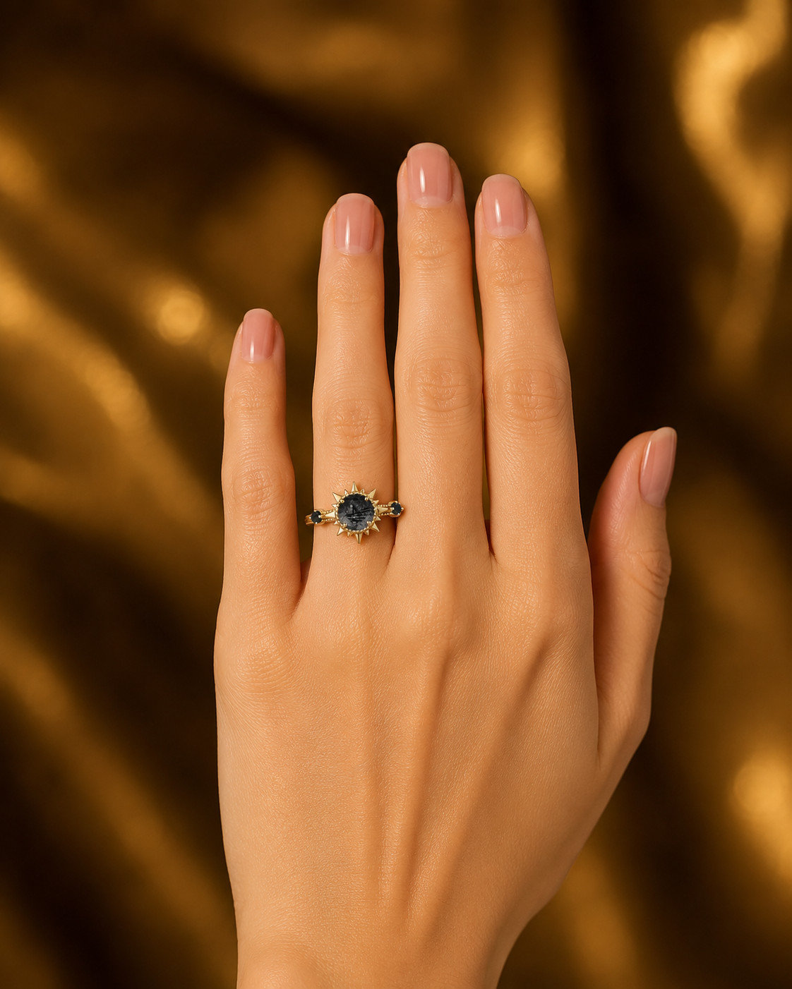 Black Rutilated Quartz Ring, Brass Gold Alloy , Birthday Gift Her, Women Ring