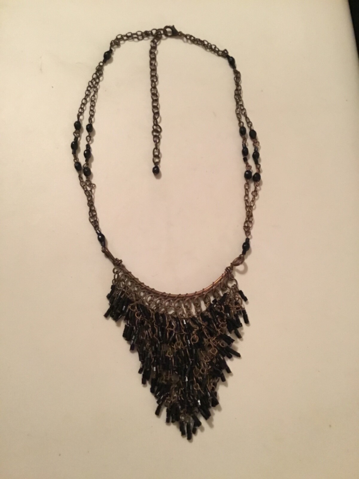 Gold/Bronze Tone Necklace-Black Beaded Bib-Goth-Victorian-Steampunk 16-19 in