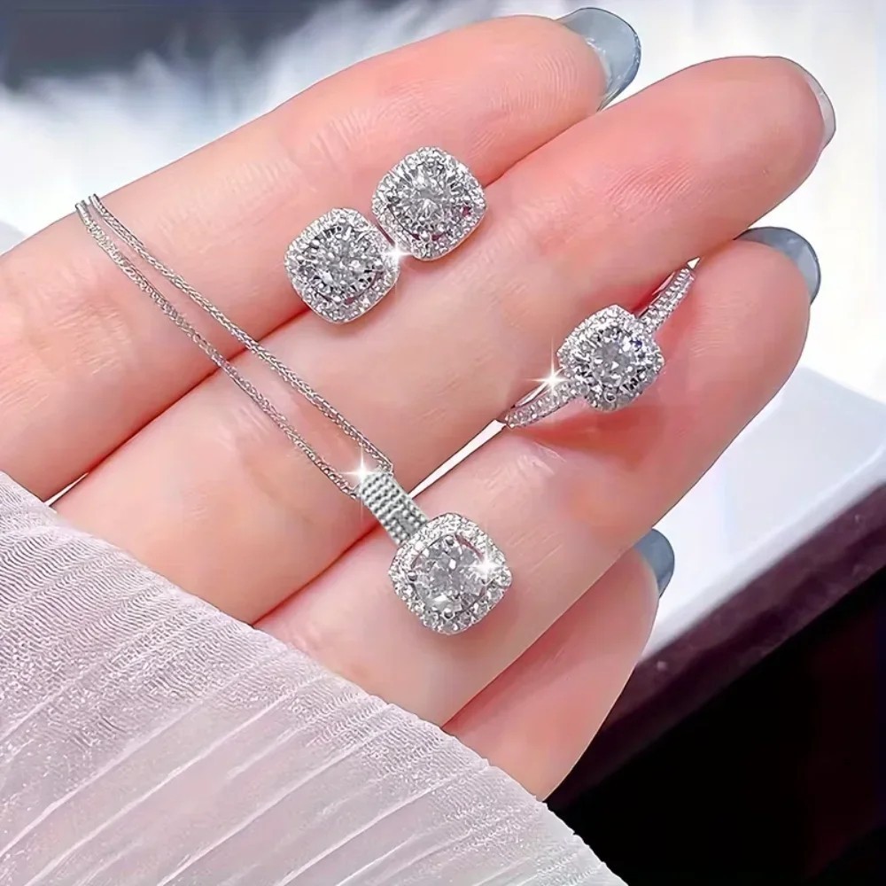 Share 3PCS CZ Stone Jewelry Set Necklace Earrings Ring Silver Tone Women Gift