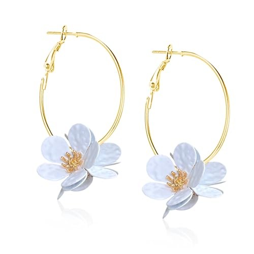Colorful Three Flower Earrings Metal Floral Hoop Earrings Camellia Huggie White