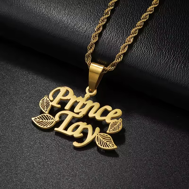 Custom Double Name Pendant Necklace Jewelry Leaf Shape Rope Chain Gold Silver