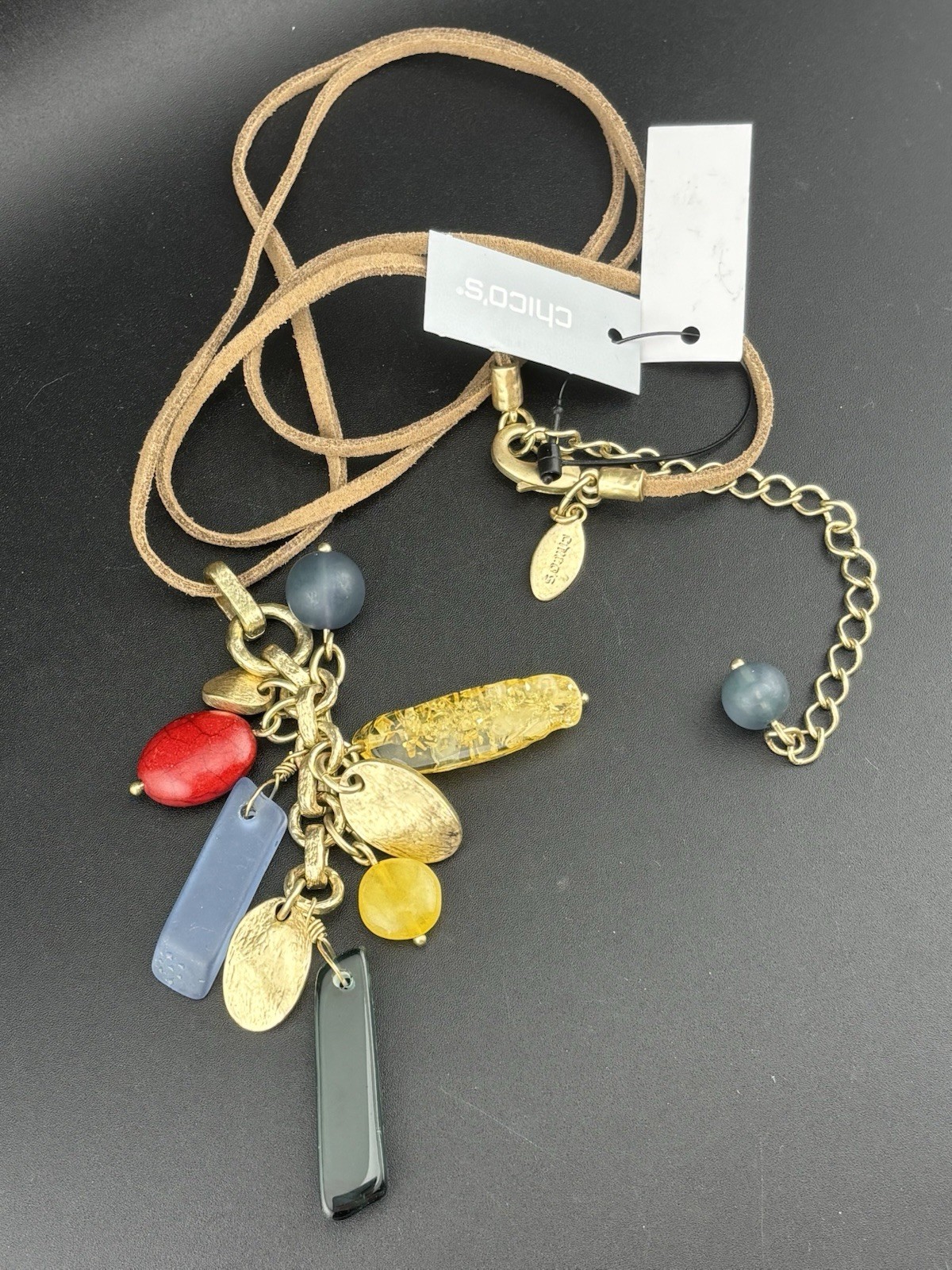 Chico’s Colorful Charm Tassel Boho Cord 32′ ADJ Necklace NWT Resin Glass Metal
