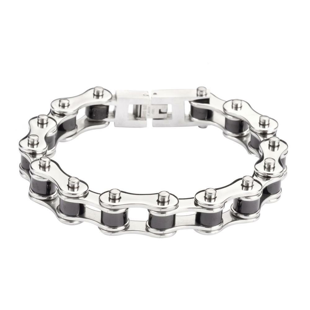Unisex Bike Chain Bracelet 10mm Silver & Black Stainless Steel 1